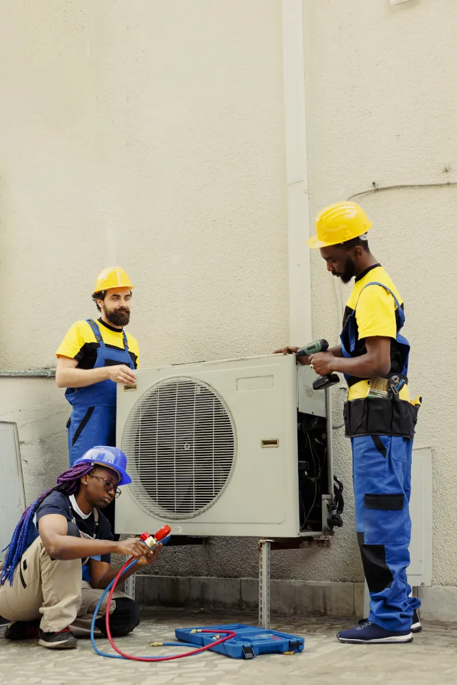 Electricians installing condenser